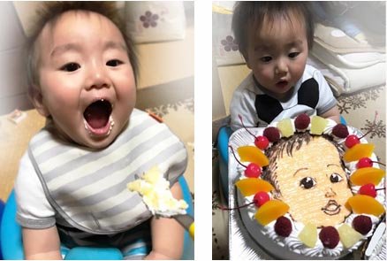 1歳誕生日の似顔絵、豆乳クリームケーキ